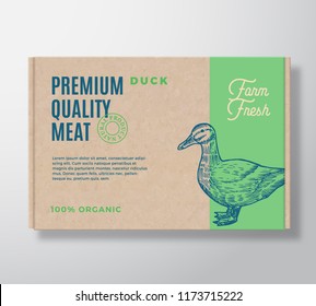 Premium Quality Duck Vector Meat Packaging Label Design on a Craft Cardboard Box Container. Modern Typography and Hand Drawn Duck Silhouette Background Layout.