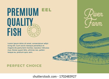 Premium Quality Eel. Abstract Vector Food Packaging Design or Label. Modern Typography and Hand Drawn Fish Sketch Silhouette Background Layout.