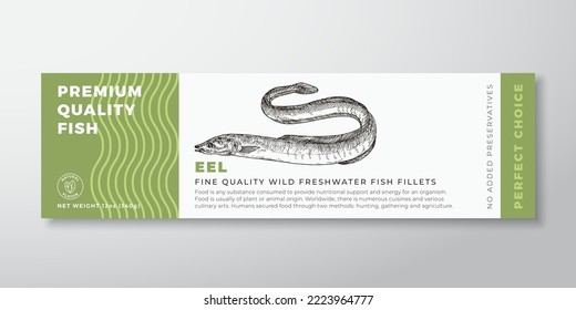 Premium Quality Eel Vector Packaging Label Design. Modern Typography and Hand Drawn Freshwater Fish Silhouette Seafood Product Background Layout