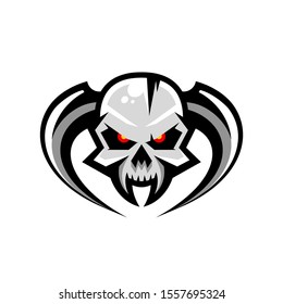 Premium quality esports gangster team mascot skull with horns vector logo. Angry fighter sport logotype label illustration. Amazing gaming warrior hero character t-shirt print design.