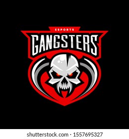 Premium quality esports gangster team mascot skull with horns vector logo. Angry fighter sport logotype label illustration. Amazing gaming warrior hero character t-shirt print design.