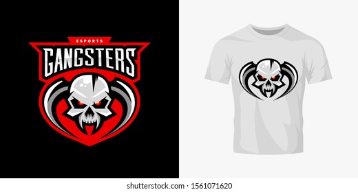 Premium quality esports gangster team mascot skull with horns vector logo set. Angry fighter sport logotype label illustration. Amazing gaming warrior hero character t-shirt print design bundle.