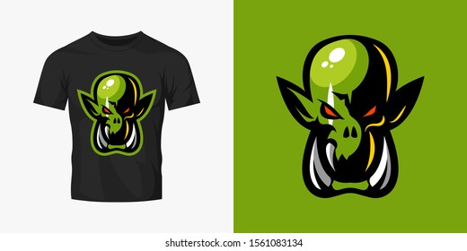 Premium quality esports team mascot ork vector logo isolated emblem set. Savage wild destroyer sport logotype label illustration. Amazing gaming warrior hero character t-shirt badge print design.