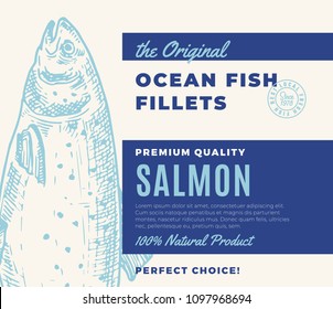 Premium Quality Fish Fillets. Abstract Vector Fish Packaging Design or Label. Modern Typography and Hand Drawn Salmon Silhouette Background Layout.