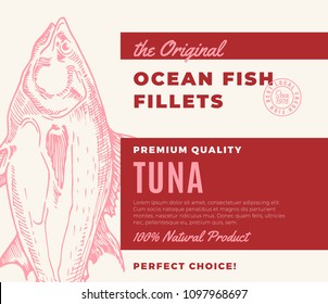 Premium Quality Fish Fillets. Abstract Vector Fish Packaging Design or Label. Modern Typography and Hand Drawn Tuna Silhouette Background Layout.