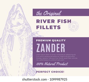Premium Quality Fish Fillets. Abstract Vector Fish Packaging Design or Label. Modern Typography and Hand Drawn Zander Silhouette Background Layout.