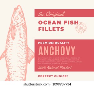 Premium Quality Fish Fillets. Abstract Vector Fish Packaging Design or Label. Modern Typography and Hand Drawn Anchovy Silhouette Background Layout.