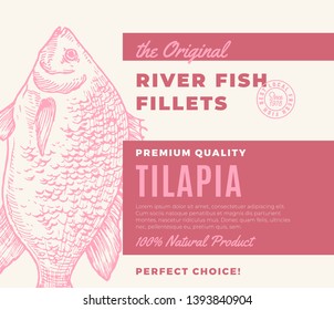 Premium Quality Fish Fillets. Abstract Vector Fish Packaging Design or Label. Modern Typography and Hand Drawn Tilapia Silhouette Background Layout.