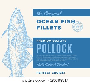 Hochwertige Fischfilets. Abstraktes Design oder Label für Vektorfisch-Verpackungen. Moderne Typografie und handgezeichnetes Wildpolster Silhouettenhintergrundlayout.