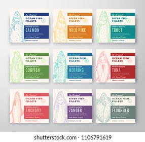 Premium Quality Fish Fillets Labels Collection. Abstract Vector Fish Packaging Design or Cards. Modern Typography and Hand Drawn Fishes Silhouette Background Layout. With Soft Shadows.