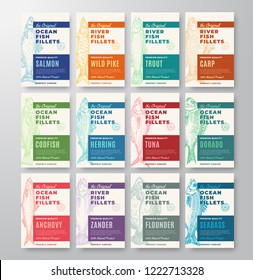Premium Quality Fish Fillets Labels Collection. Abstract Vector Fish Packaging Design or Cards. Modern Typography and Hand Drawn Fishes Silhouette Background Layout. Soft Realistic Shadows. Isolated.