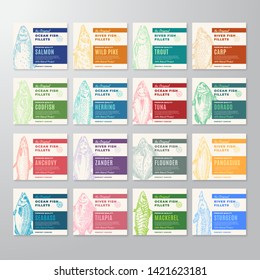 Premium Quality Fish Fillets Labels Big Collection. Abstract Vector Fish Packaging Design or Cards. Modern Typography and Hand Drawn Fishes Silhouette Background Layout. With Soft Shadows. Isolated.