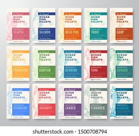 Premium Quality Fish Fillets Labels Bigger Set. Abstract Vector Fish Packaging Design or Cards. Modern Typography and Hand Drawn Fishes Silhouette Background Layout. Soft Realistic Shadows. Isolated.