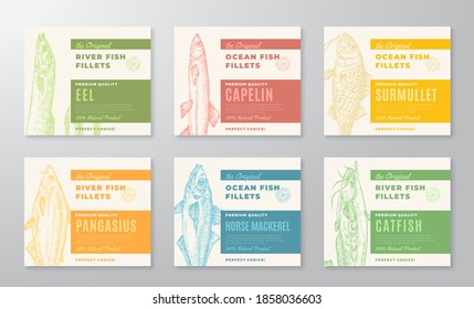 Premium Quality Fish Fillets Labels Collection. Abstract Vector Fish Packaging Design or Cards Set. Modern Typography and Hand Drawn Fishes Silhouette Background Layouts. With Soft Shadows.