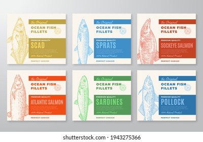 Premium Quality Fish Fillets Labels Collection. Abstract Vector Fish Packaging Design or Cards Set. Modern Typography and Hand Drawn Wild Ocean Fishes Silhouette Background Layouts. With Soft Shadows.