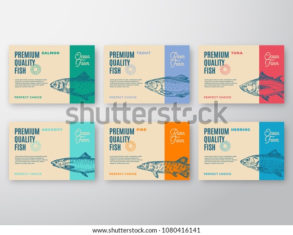 Premium Quality Fish\
Labels Set. Abstract Vector Packaging Design or Label. Modern\
Typography and Hand Drawn Fish Silhouettes Background Layouts with\
Soft Shadows.\
Isolated.