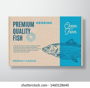 Premium Quality Fish Realistic Cardboard Box. Abstract Vector Packaging Design or Label. Modern Typography, Hand Drawn Herring Silhouette. Craft Paper Background Layout. Isolated.