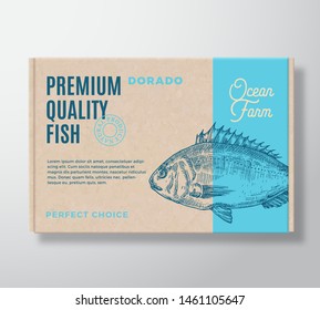 Premium Quality Fish Realistic Cardboard Box. Abstract Vector Packaging Design or Label. Modern Typography, Hand Drawn Dorado Silhouette. Craft Paper Background Layout. Isolated.