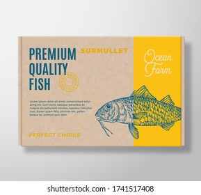 Premium Quality Fish Realistic Cardboard Box. Abstract Vector Packaging Design or Label. Modern Typography, Hand Drawn Surmullet Silhouette. Craft Paper Background Layout. Isolated.