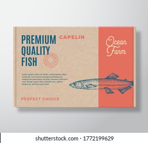 Premium Quality Fish Realistic Cardboard Box. Abstract Vector Packaging Design or Label. Modern Typography, Hand Drawn Capelin Silhouette. Craft Paper Background Layout. Isolated.