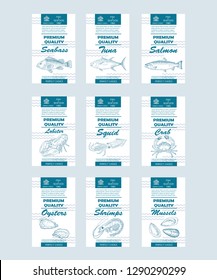 Premium Quality Fish And Seafood Vertical Labels Set. Vector Packaging Design. Hand Drawn Tuna, Seabass, Salmon, Lobster, Crab, Squid, Shrimps Oysters Mussels