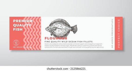 Premium Quality Flatfish Vector Packaging Label Design. Modern Typography and Hand Drawn Flounder Fish Silhouette Seafood Product Background Layout