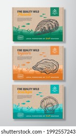 Premium Quality Food Box Mockups. Vector Seafood Packaging Label Design on a Cardboard Containers Set. Hand Drawn Mussel, Oyster and Scallop Sketch Sea Bottom Landscape Background Layouts Collection.