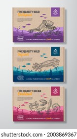 Premium Quality Food Box Mockups. Vector Seafood Packaging Label Design on a Cardboard Containers Set. Hand Drawn Octopus, Squid and Shells Sketch Sea Bottom Landscape Background Layouts Collection.