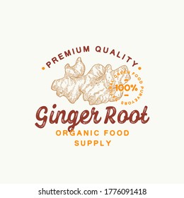 Premium Quality Ginger Abstract Vector Sign, Symbol or Logo Template. Hand Drawn Root Sketch Sillhouette with Retro Typography and Seal. Vintage Luxury Emblem. Isolated.