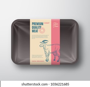 Premium Quality Goat Pack. Abstract Vector Meat Plastic Tray Container With Cellophane Cover. Packaging Design Label. Modern Typography And Hand Drawn Goat Silhouette Background Layout. Isolated.