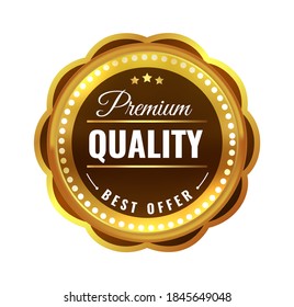 Premium quality gold badge. Sale medal golden luxury emblem, best price product circle label, exclusive sale medal offer, round promotion decoration element realistic vector isolated illustration