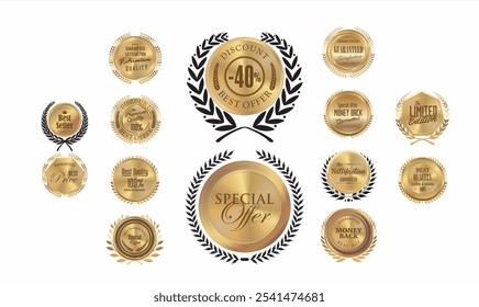 Conjunto de medalhas de ouro de qualidade premium Vetor, Conjunto de Emblemas de qualidade e Etiquetas Elementos de design. Etiquetas de distintivo dourado e laurel retro coleção vintage. Emblema premium logotipo de luxo em estilo retro setas quadro