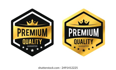 Premium quality gold vector hexagon. Golden label with stars and crown isolated on white background. For icon, logo, label, insigna, seal, tag, sign, seal, symbol, badge, stamp, sticker etc.