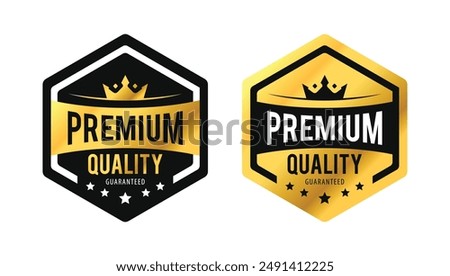 Premium quality gold vector hexagon. Golden label with stars and crown isolated on white background. For icon, logo, label, insigna, seal, tag, sign, seal, symbol, badge, stamp, sticker etc.