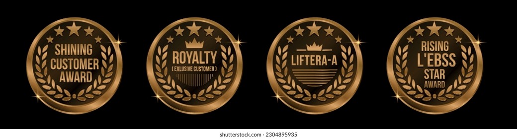 Premium quality golden awards guarantee with circle badges, composed from gold branches with stars, crowns and vignettes decorative elements. Retail, sale, promotion design usage. on black background.