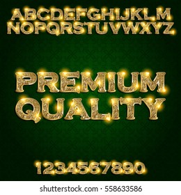 Premium quality Golden glowing alphabet and numbers on a dark background. Vector illustration for your graphic design.