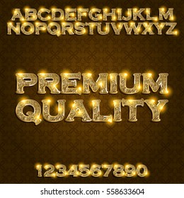 Premium quality Golden glowing alphabet and numbers on a dark background. Vector illustration for your graphic design.