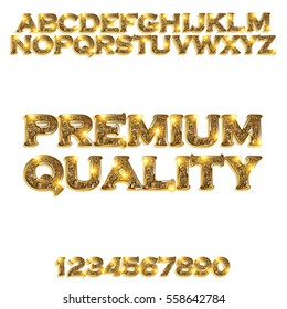 Premium quality. Golden glowing alphabet and numbers on a white background. Vector illustration for your graphic design.