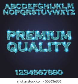 Premium quality Golden glowing blue alphabet and numbers on a dark background. Vector illustration for your graphic design.
