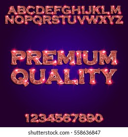 Premium quality Golden glowing violet alphabet and numbers on a dark background. Vector illustration for your graphic design.
