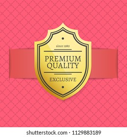 Premium quality golden label with headlines geometric shape and ribbon. Excellence of production. Poster with squares pattern vector illustration