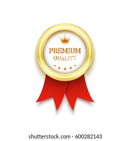 Premium quality golden label with red ribbon