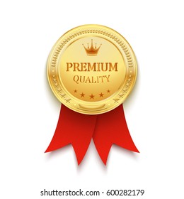 Premium quality golden label with red ribbon