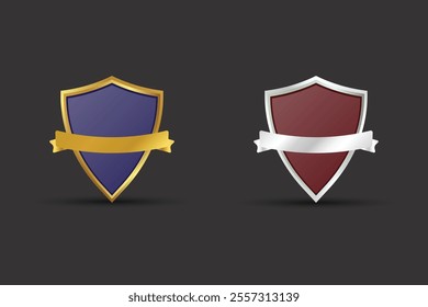 Premium quality golden and silver emblem shield shapes with ribbon. Blank badge element with text space on a dark background. Shield shape vector for Award, Seal, and Exclusive membership Logo design.