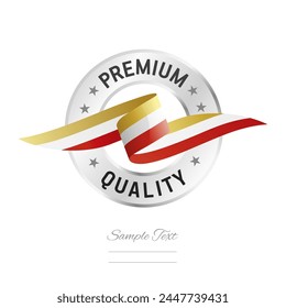 Premium quality. Golden white red quality seal stamp icon with ribbon and circle silver ring. Premium quality sign label vector isolated on white background