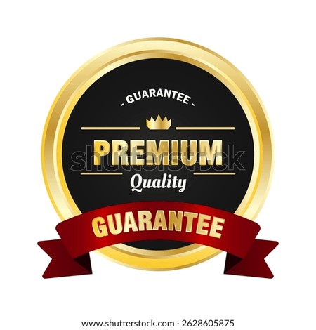 Premium Quality Guarantee Badge with Black Background and Gold Red Ribbon Label Emblem for Certified Product Assurance