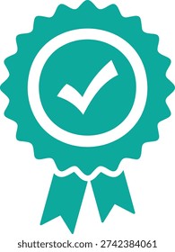 Premium quality guarantee badge icon with a checkmark in green for certification and product trust related marketing materials