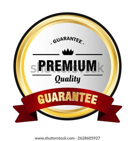 Premium Quality Guarantee Badge with White Background and Gold Red Ribbon Label Emblem for Certified Product Assurance
