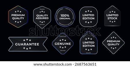 Premium Quality And Guarantee Badges Collection With Modern Neon Outlined Labels For Limited Edition, Genuine, And Certified Products. Black Friday Cyber Monday Marketing Design. Vector Illustration