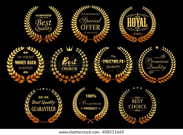 Premium quality guarantee golden laurel wreaths symbols\
with circle badges, composed from gold branches with stars, crowns\
and vignettes decorative elements. Retail, sale, promotion design\
usage 